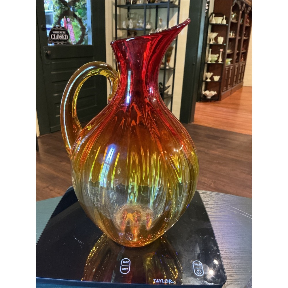 Vintage MCM Blenko Glass Amberina 13" Pitcher Ombre Optic Ribbed      Retro